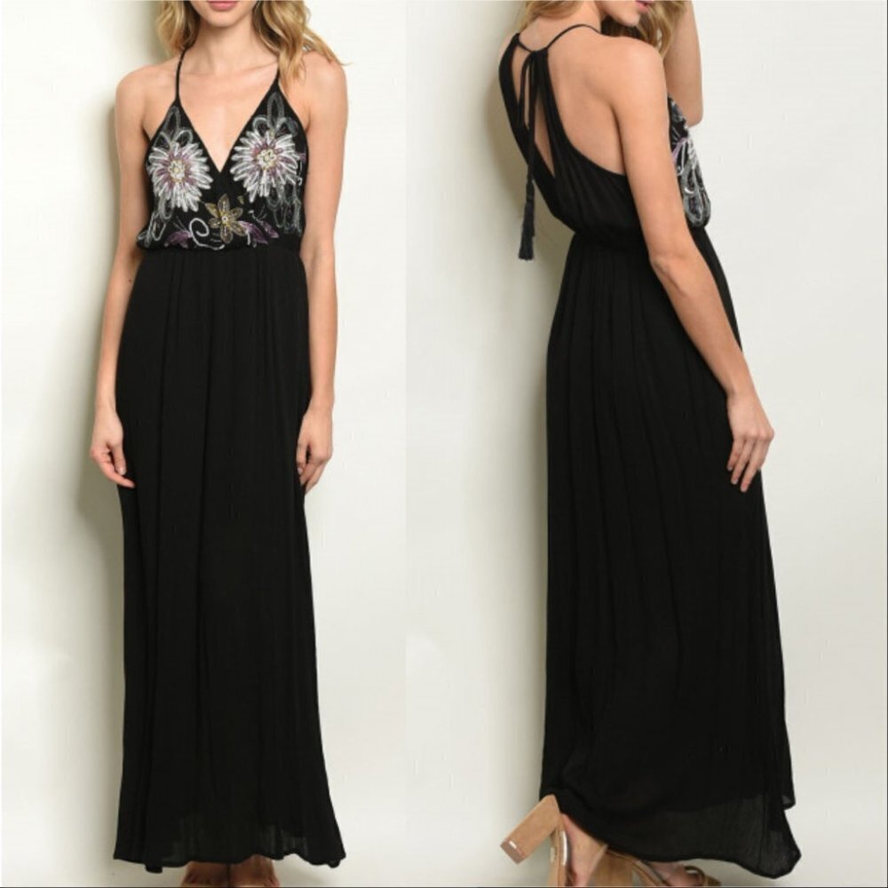 BLACK SEQUIN AND EMBROIDERED MAXI DRESS